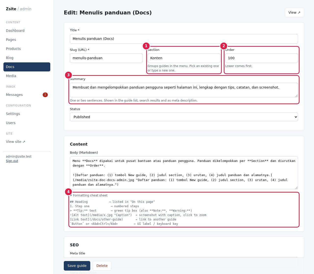Editor panduan: (1) section, (2) urutan, (3) ringkasan, (4) contekan format.