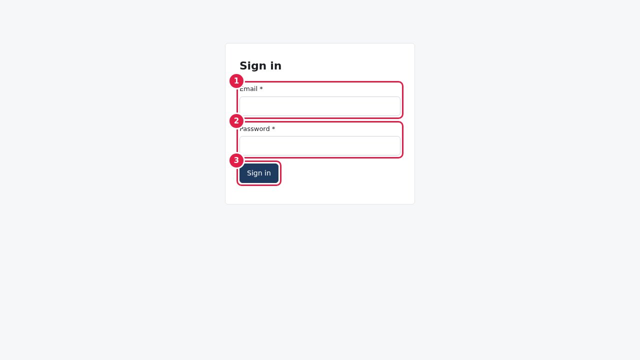 Halaman masuk: (1) email, (2) kata sandi, (3) tombol Sign in.