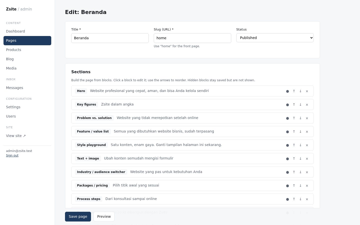 Page builder di panel admin Zsite