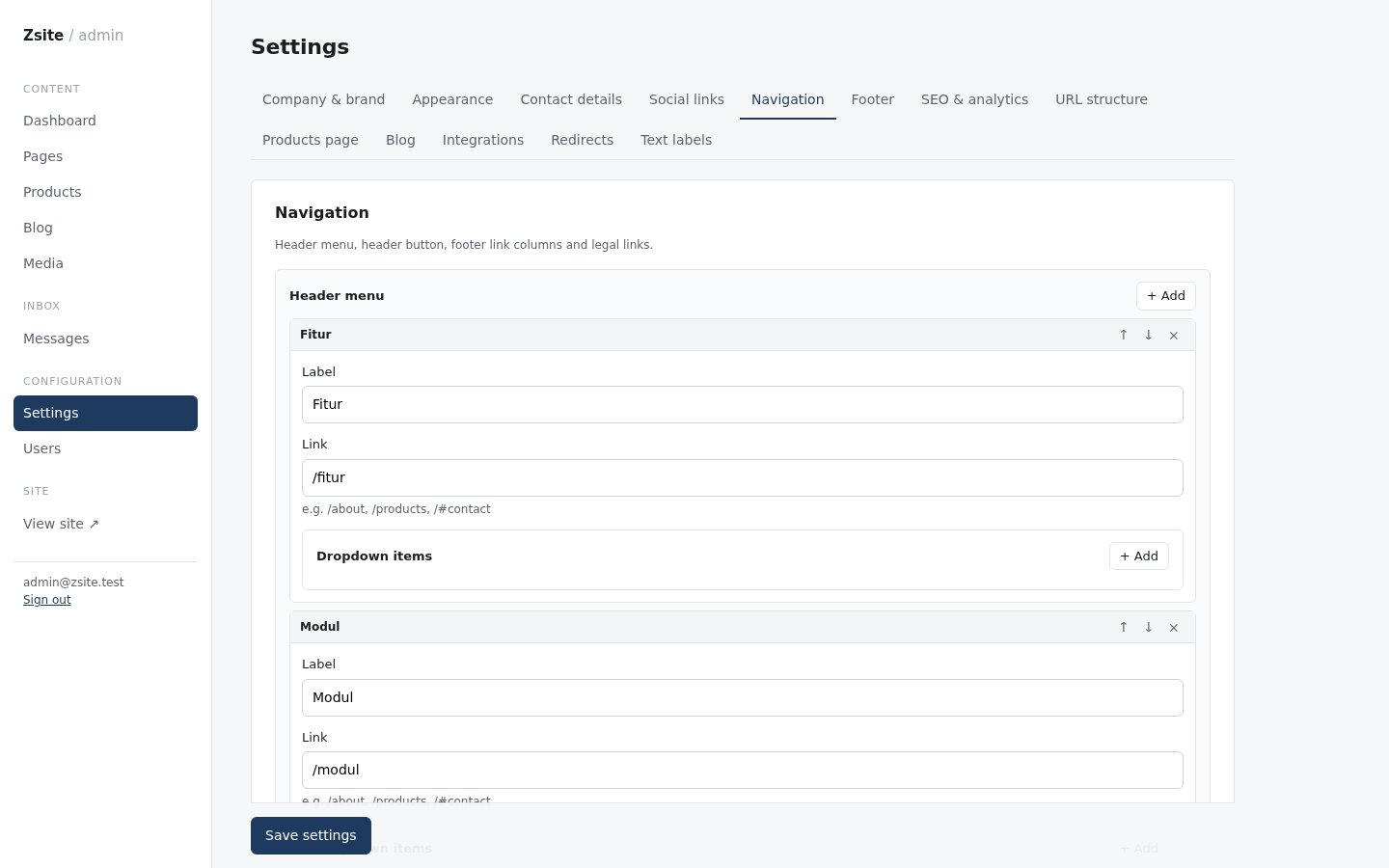 Navigasi, teks & admin — Menu, footer, label, redirect, dan beberapa admin