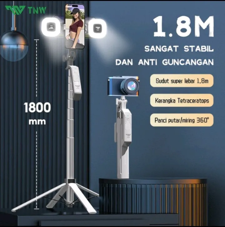 TNW S30 Tongsis Tripod Bluetooth 1.8m dengan Lampu & Remote